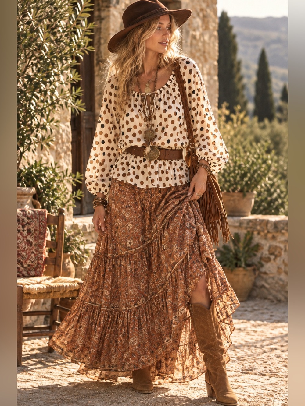 Ellen Tracy Cream Blouse with Brown Polka Dot Print